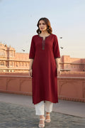 SRS Fashion Red Embroidered Rayon Straight Kurta Set | Grocsy