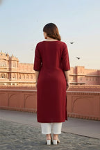 SRS Fashion Red Embroidered Rayon Straight Kurta Set | Grocsy