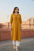 SRS Fashion Yellow Embroidered Rayon Straight Kurta Set | Grocsy