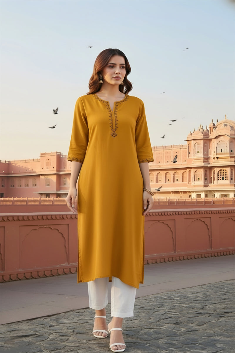 SRS Fashion Yellow Embroidered Rayon Straight Kurta Set | Grocsy