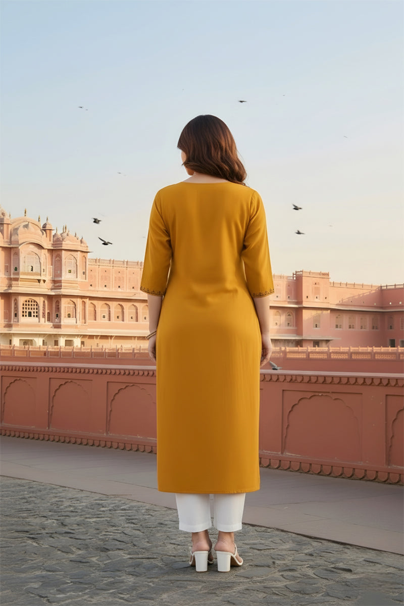 SRS Fashion Yellow Embroidered Rayon Straight Kurta Set | Grocsy