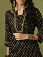 Myshka Women's Black Printed Cotton Straight Party Kurta Set With Dupatta | Grocsy