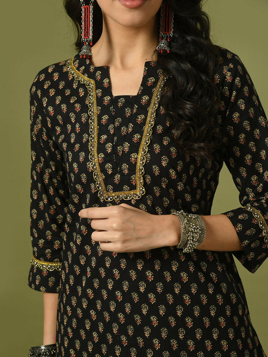 Myshka Women's Black Printed Cotton Straight Party Kurta Set With Dupatta | Grocsy