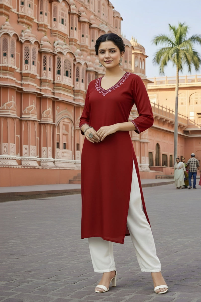 SRS Fashion Red Embroidered Rayon Straight Kurta Set | Grocsy