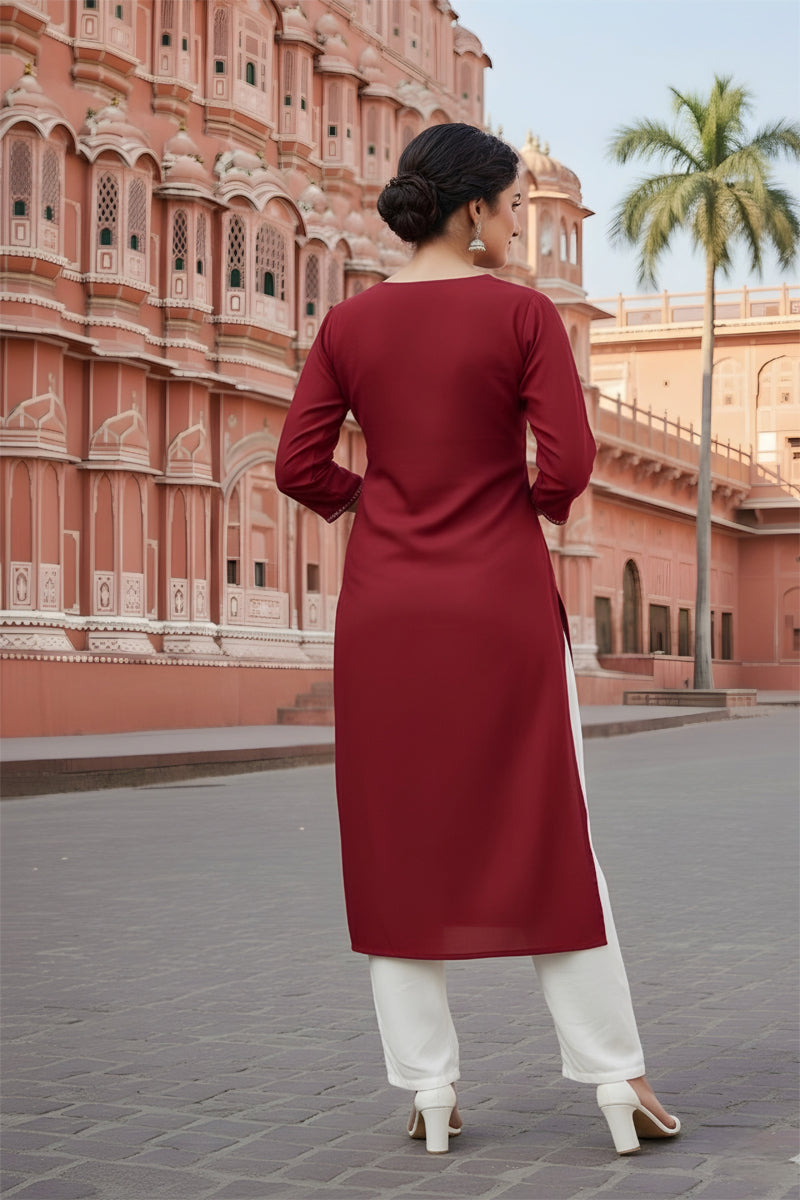 SRS Fashion Red Embroidered Rayon Straight Kurta Set | Grocsy