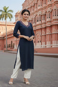 SRS Fashion Blue Embroidered Rayon Straight Kurta Set | Grocsy