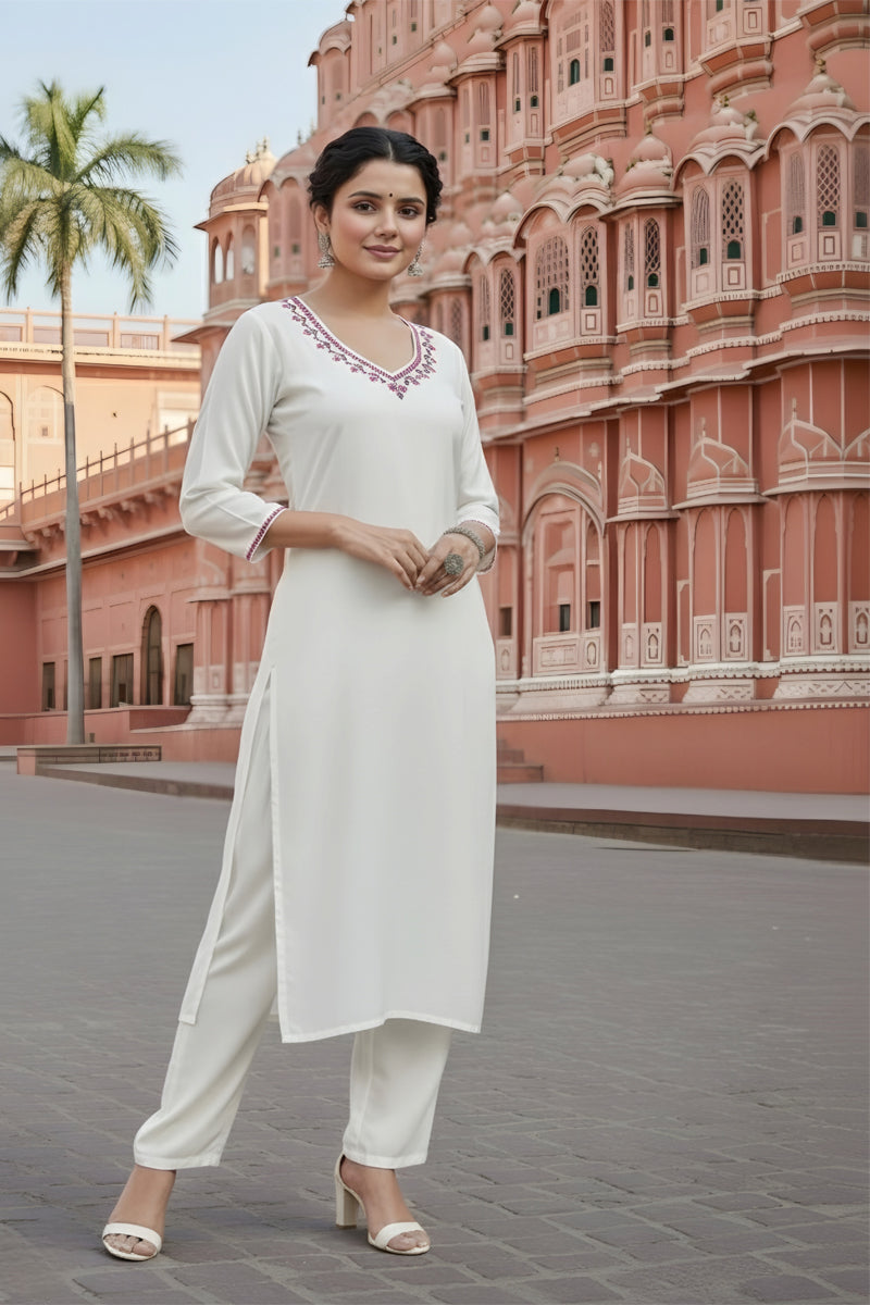 SRS Fashion White Embroidered Rayon Straight Kurta Set | Grocsy