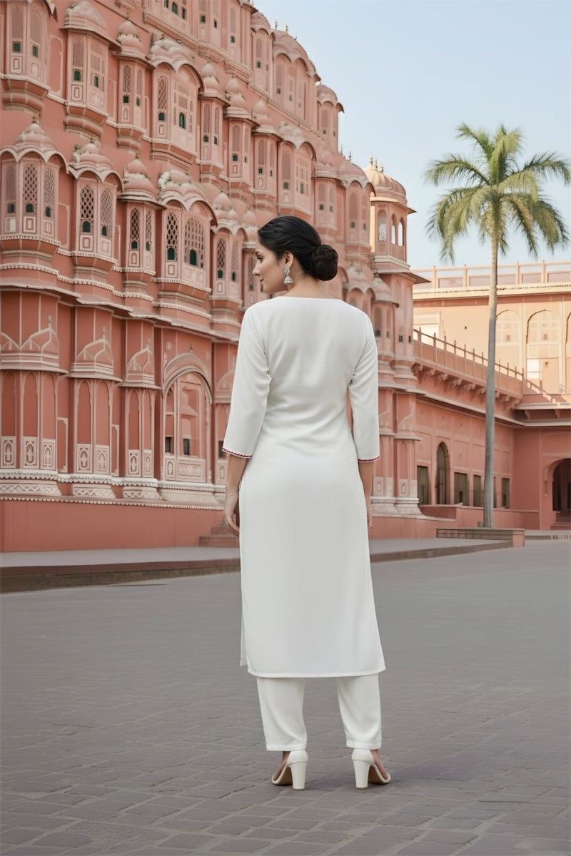 SRS Fashion White Embroidered Rayon Straight Kurta Set | Grocsy