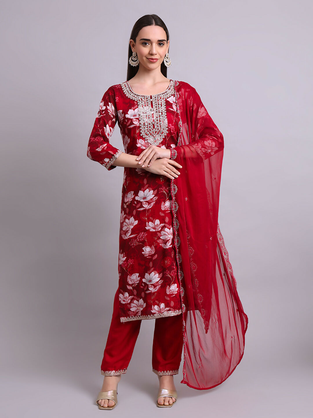 Joban Fashion Mahroon Cotton Floral Printed & Embroidery Work Kurta With Trousers & Dupatta Set | Grocsy