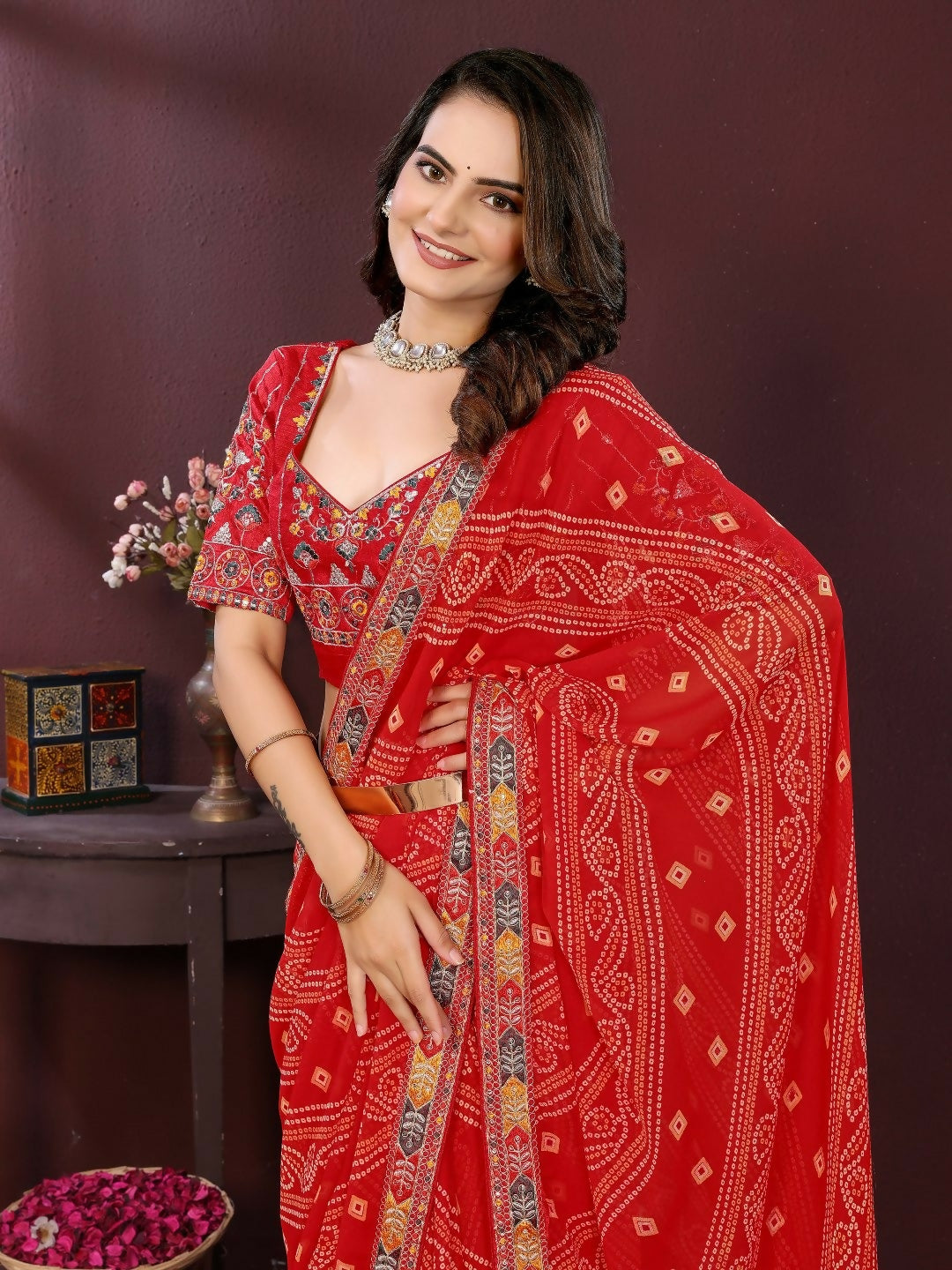 Ai Fashion Red Georgette Digital Print Party Wear Saree | Grocsy