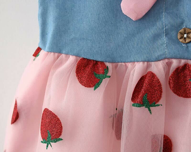 Bold N Elegant Cap Sleeve Denim Embroidered Midi Party Dress Frock with Hat Dress - Strawberry Pink | Grocsy