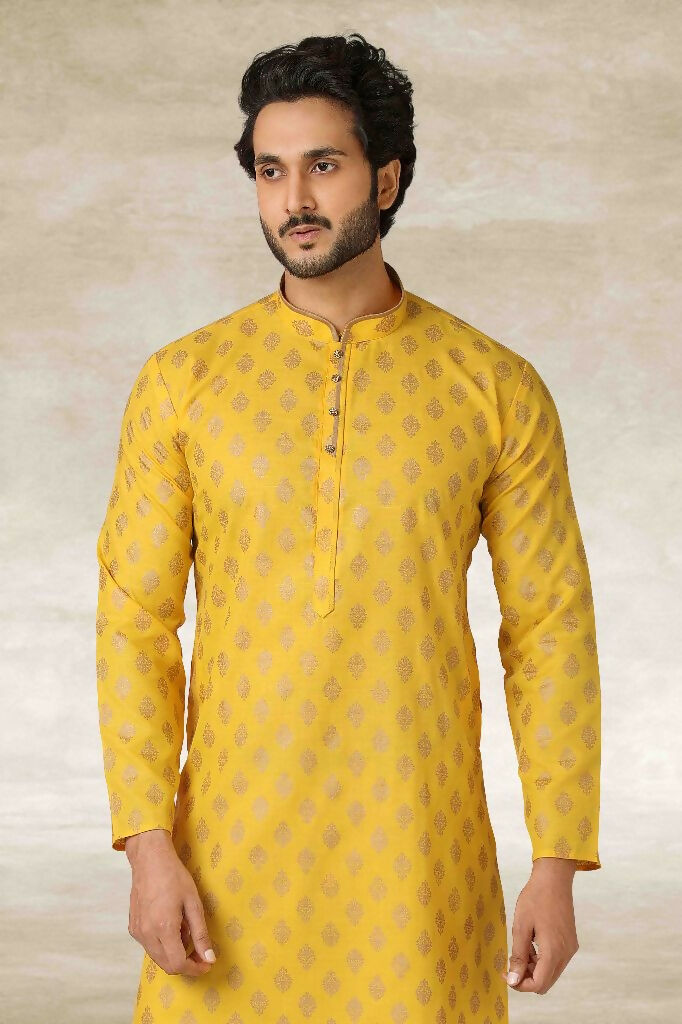 Raivat Ethnic Cotton Printed Work Kurta Pajama In Yellow Colour | Grocsy