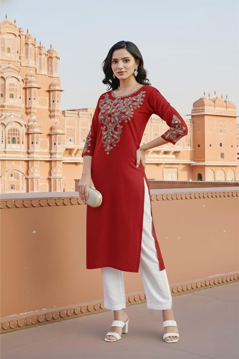 SRS Fashion Red Embroidered Rayon Straight Kurta Set | Grocsy