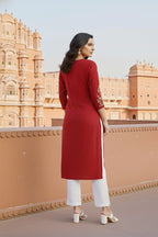 SRS Fashion Red Embroidered Rayon Straight Kurta Set | Grocsy