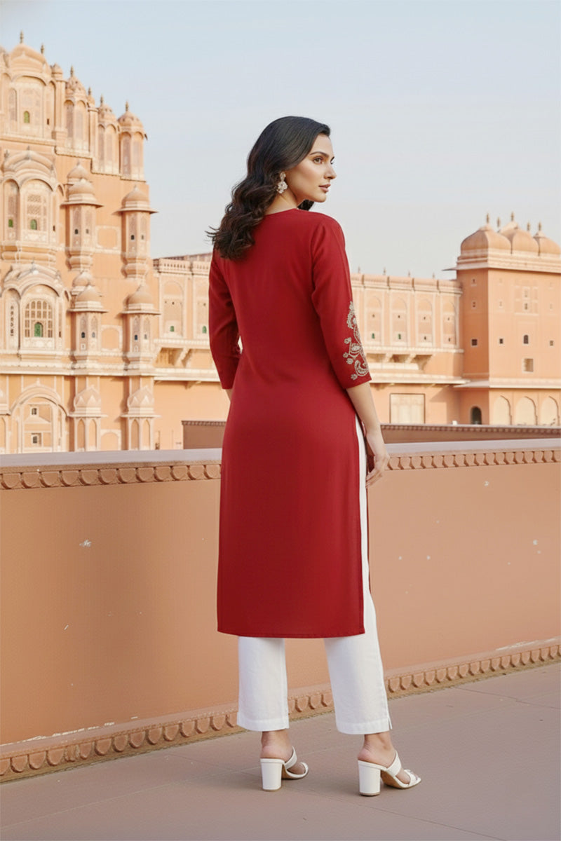 SRS Fashion Red Embroidered Rayon Straight Kurta Set | Grocsy