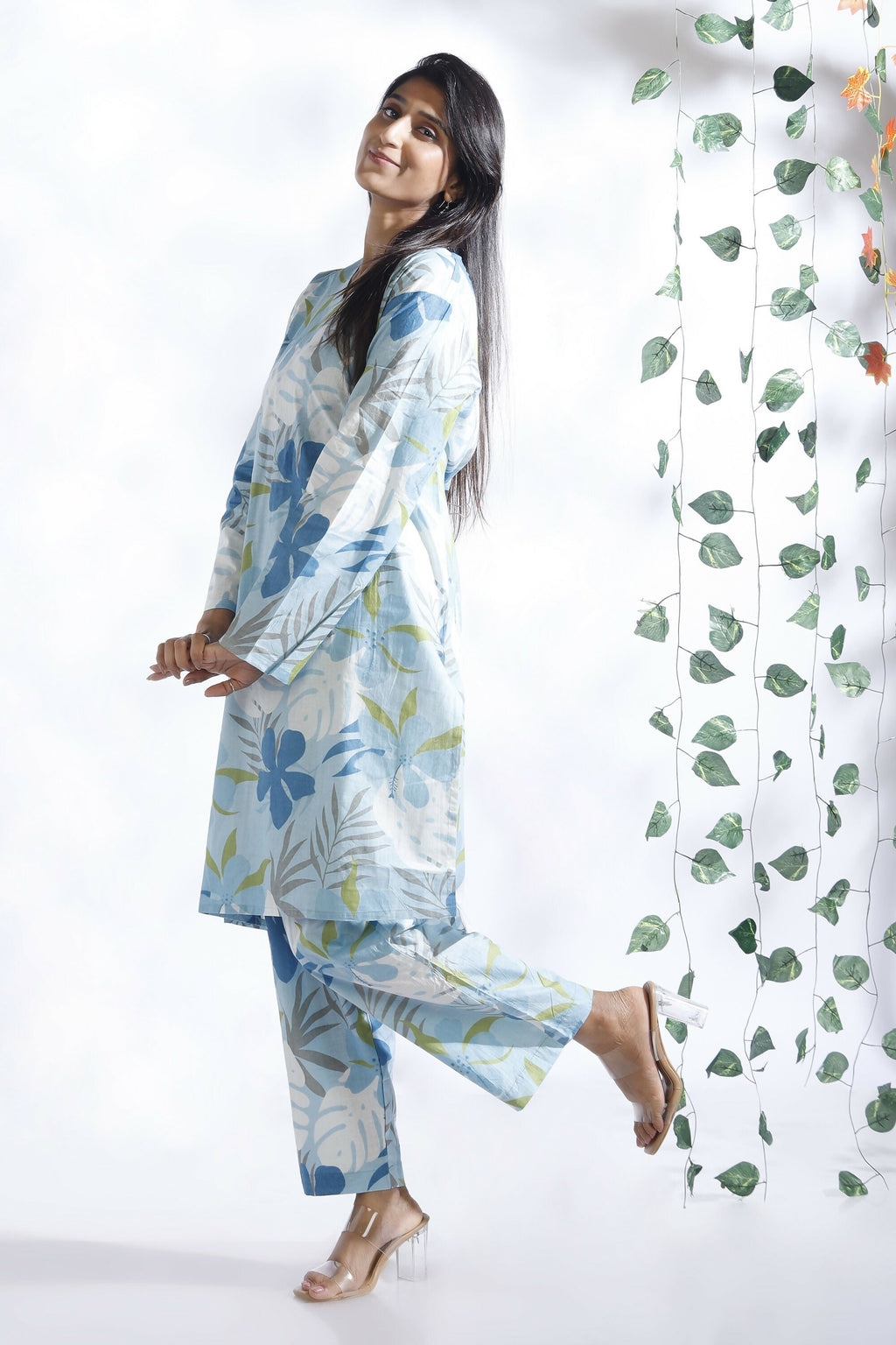 Breathables Blue Floral Print Cotton Long Kurta Co-Ord Set Cotton | Grocsy