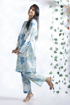 Breathables Blue Floral Print Cotton Long Kurta Co-Ord Set Cotton | Grocsy