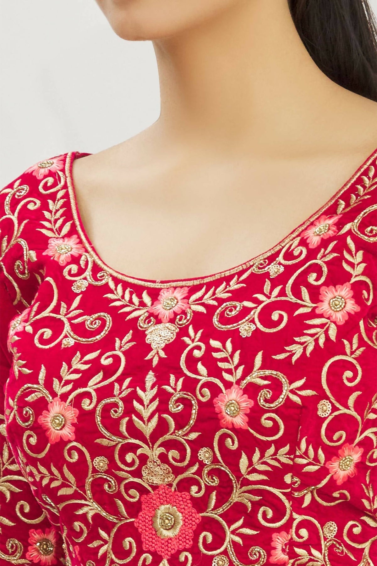Red Velvet Semi-Stitched Wedding Bridal Lehenga - Nimaya | Grocsy