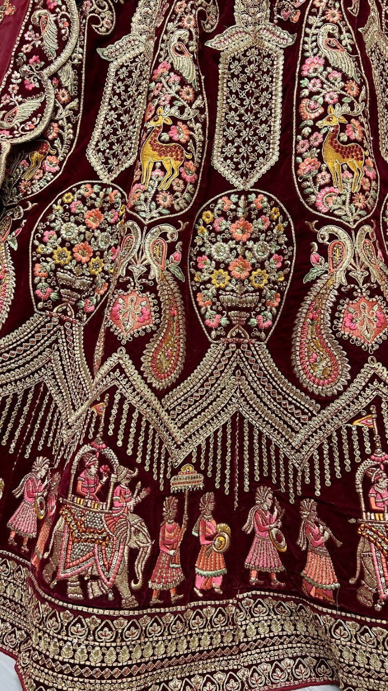 Jyoti Fashion Women's Maroon Velvet Multi Thread Embroidered with Zircon Diamond Work Wedding Lehenga Choli | Grocsy