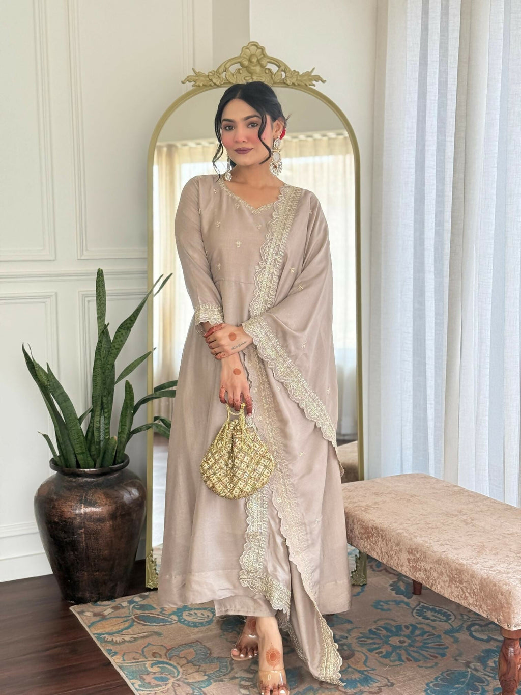 The52 CreamWomen's Gorgeous Vichitra Silk Fabric Embroidered Work Flared Anarkali Pant and Dupatta Set | Grocsy