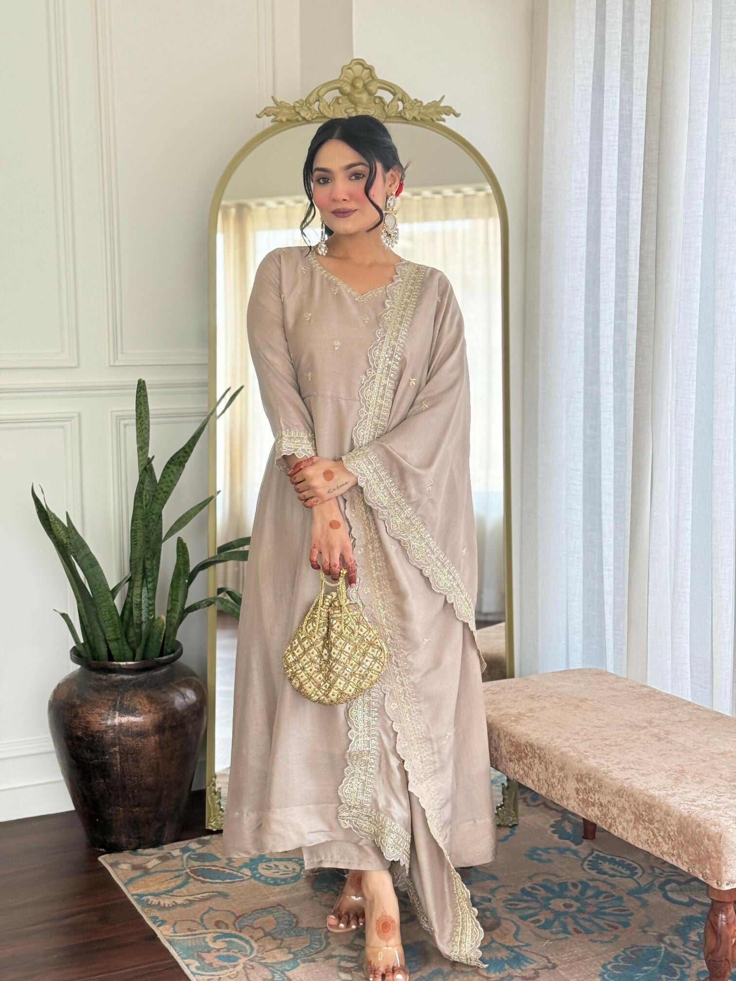 The52 CreamWomen's Gorgeous Vichitra Silk Fabric Embroidered Work Flared Anarkali Pant and Dupatta Set | Grocsy
