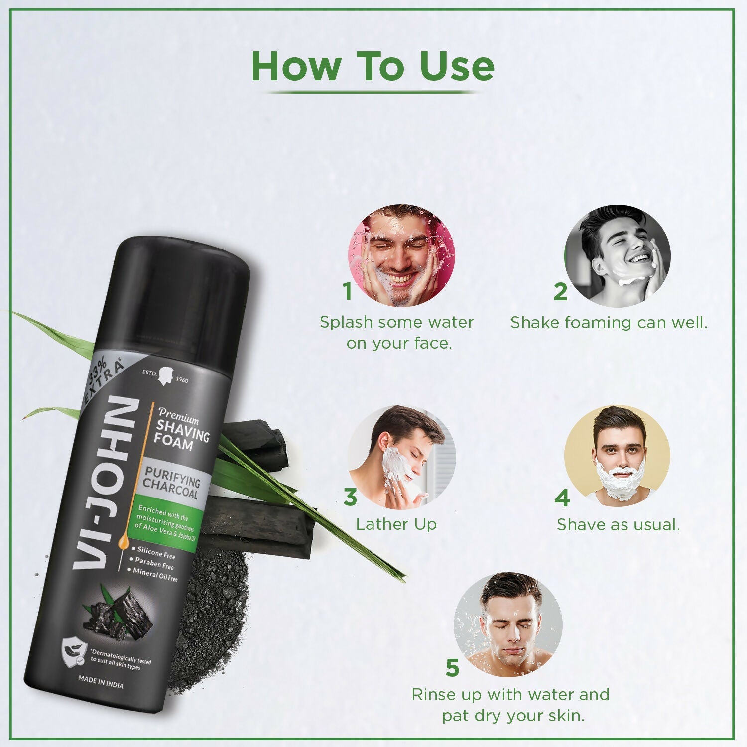 VI-JOHN Dermatologically Tested Premium Purifying Charcoal Shaving Foam Enriched with Aloevera & Jojoba Oil Free From Silicone, Paraben & Mineral Oil | Grocsy