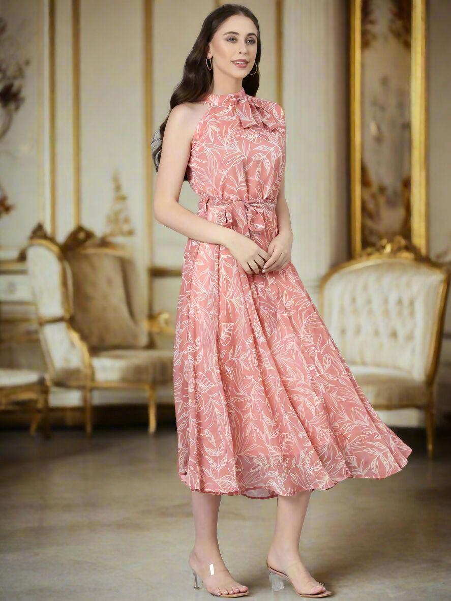 Souchii Peach Floral Chiffon Dress | Grocsy