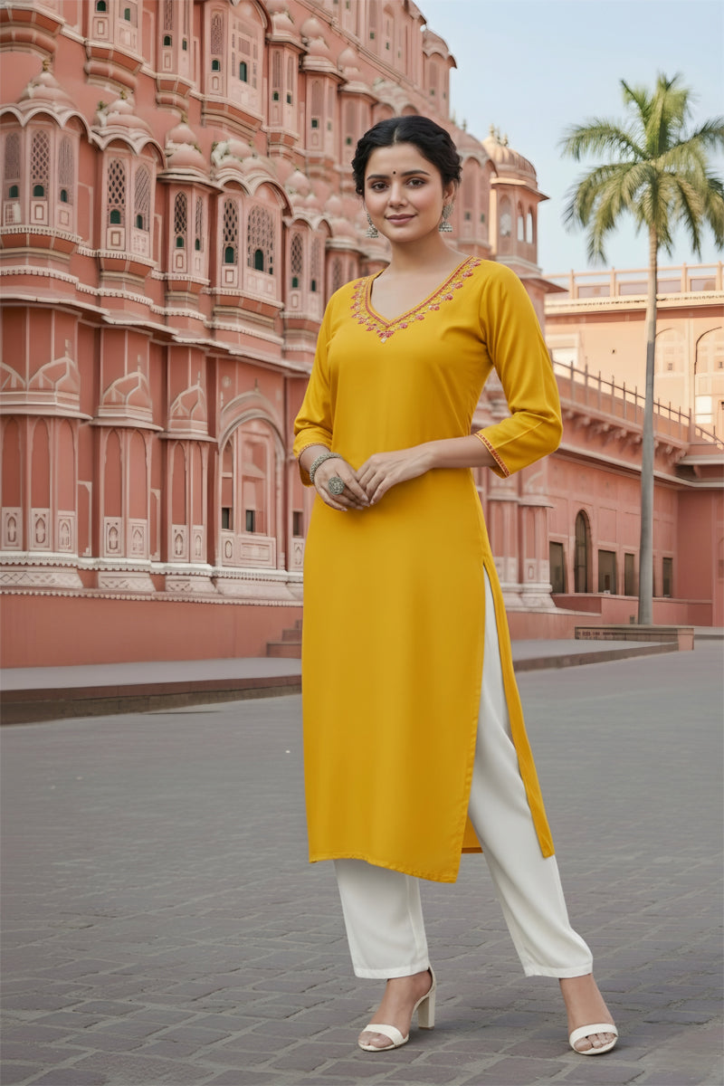 SRS Fashion Yellow Embroidered Rayon Straight Kurta Set | Grocsy