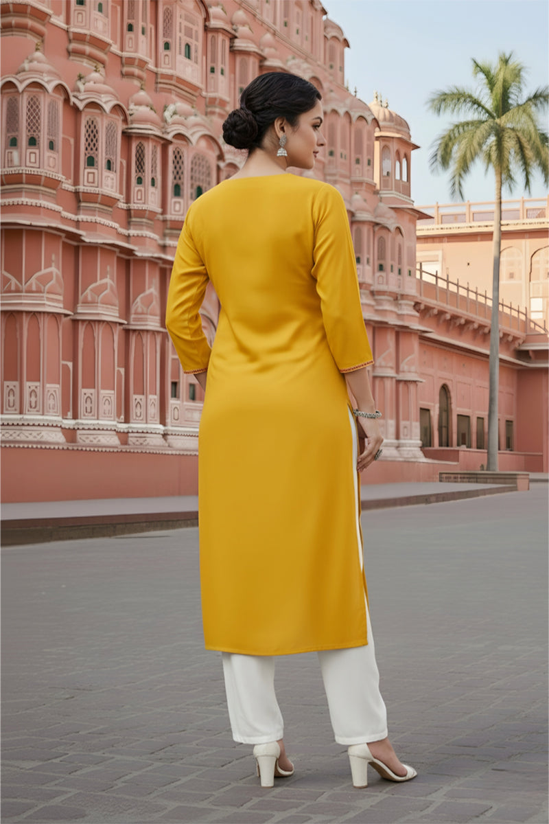 SRS Fashion Yellow Embroidered Rayon Straight Kurta Set | Grocsy