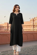 SRS Fashion Black Embroidered Rayon Straight Kurta Set | Grocsy