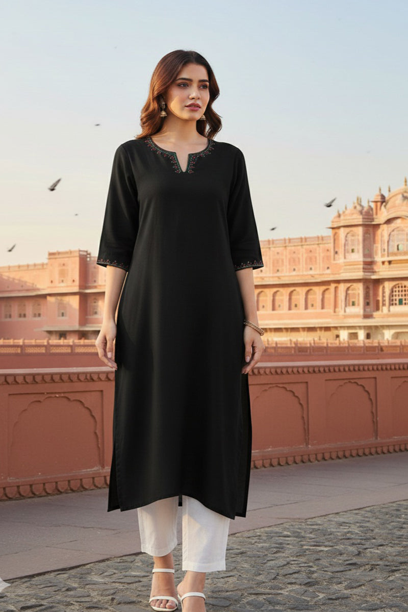 SRS Fashion Black Embroidered Rayon Straight Kurta Set | Grocsy