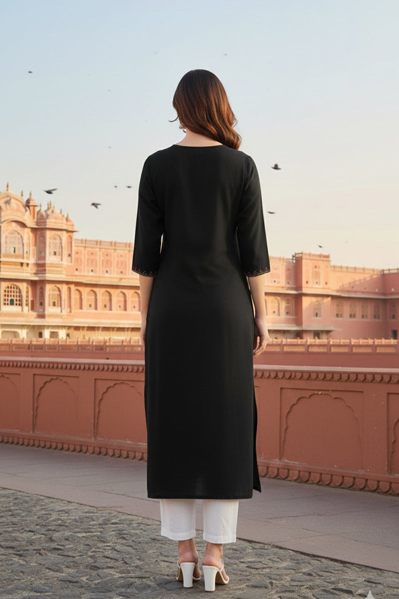 SRS Fashion Black Embroidered Rayon Straight Kurta Set | Grocsy