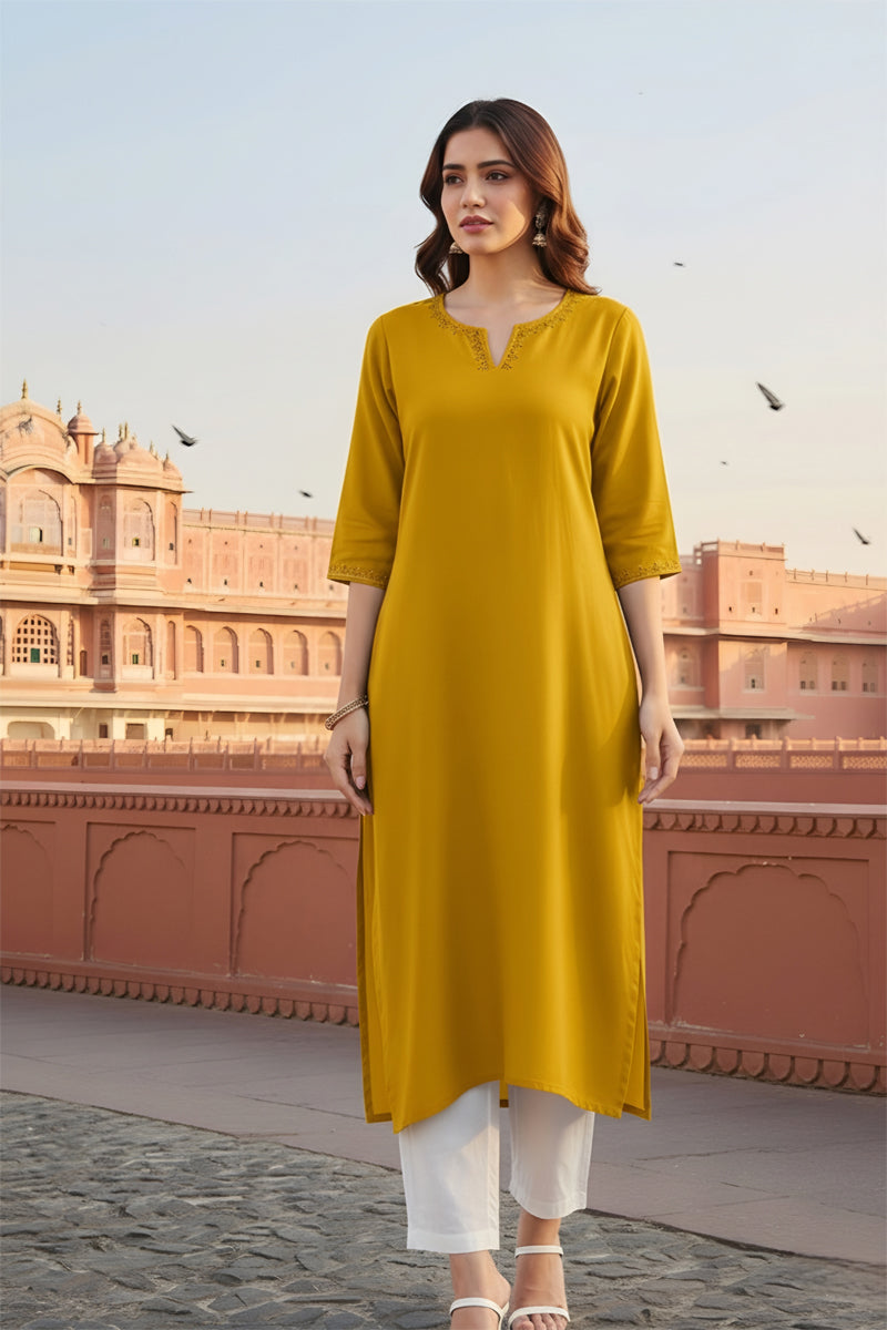 SRS Fashion Yellow Embroidered Rayon Straight Kurta Set | Grocsy