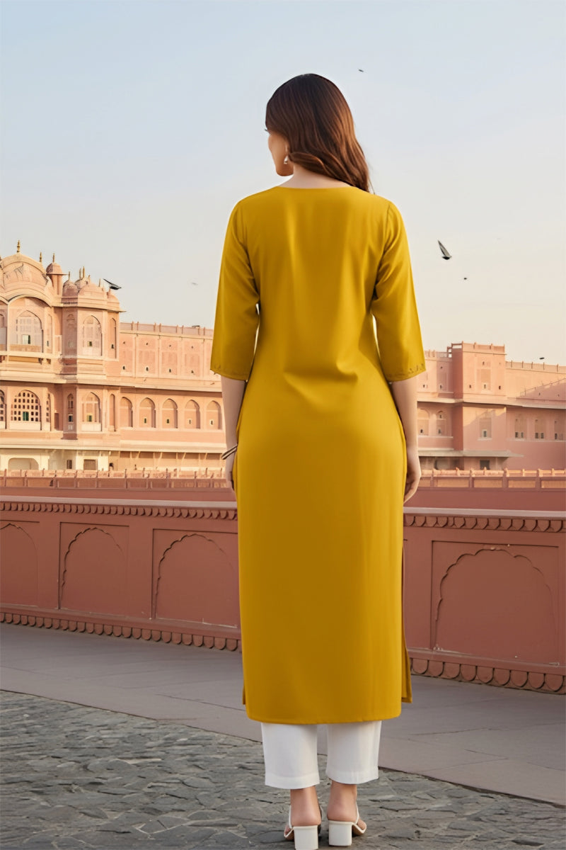 SRS Fashion Yellow Embroidered Rayon Straight Kurta Set | Grocsy