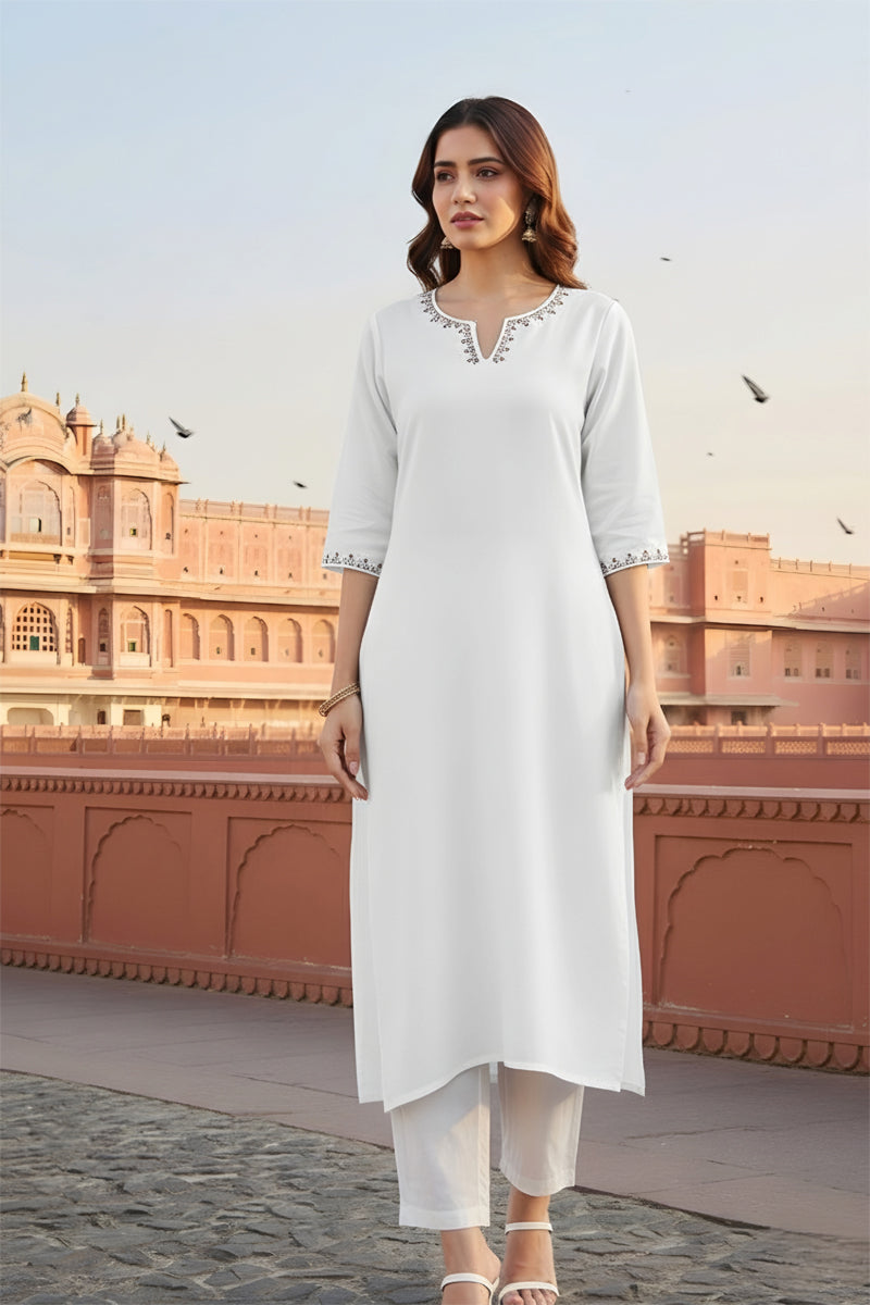 SRS Fashion White Embroidered Rayon Straight Kurta Set | Grocsy