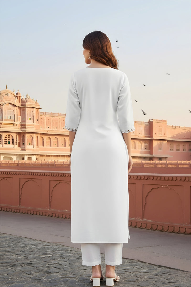 SRS Fashion White Embroidered Rayon Straight Kurta Set | Grocsy
