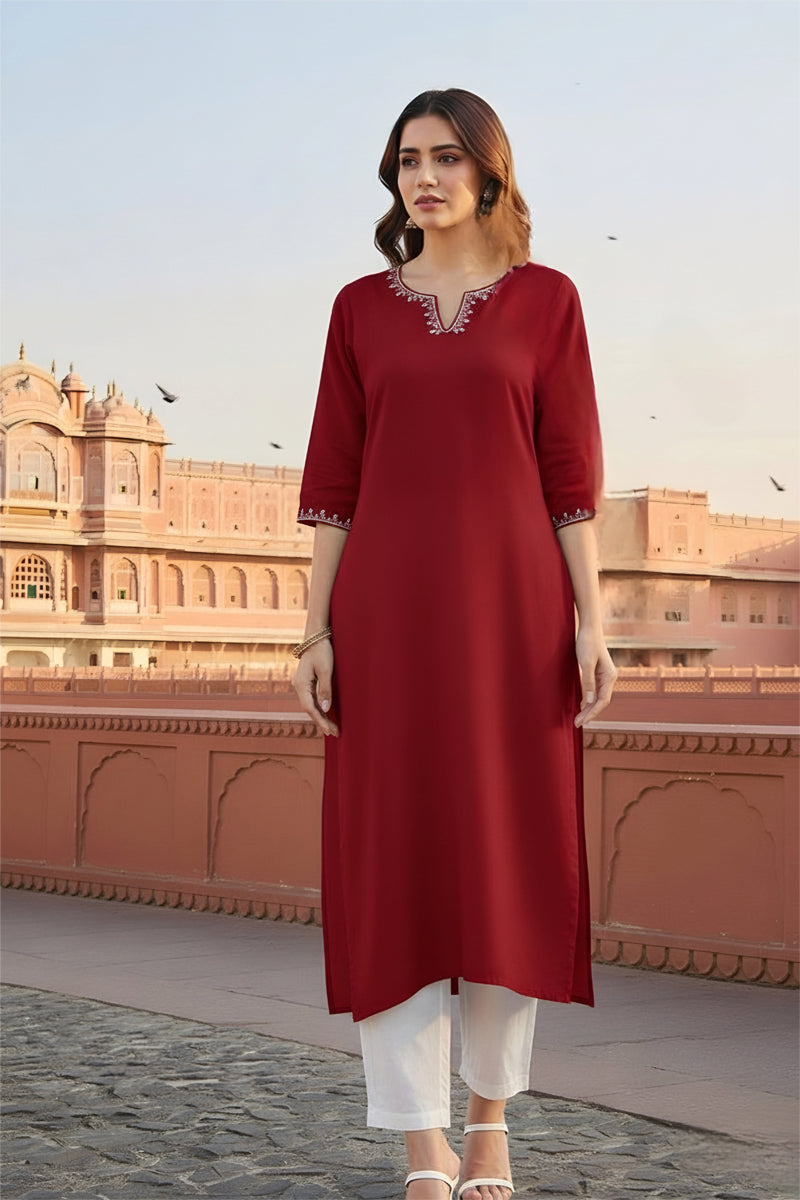 SRS Fashion Red Embroidered Rayon Straight Kurta Set | Grocsy