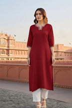 SRS Fashion Red Embroidered Rayon Straight Kurta Set | Grocsy