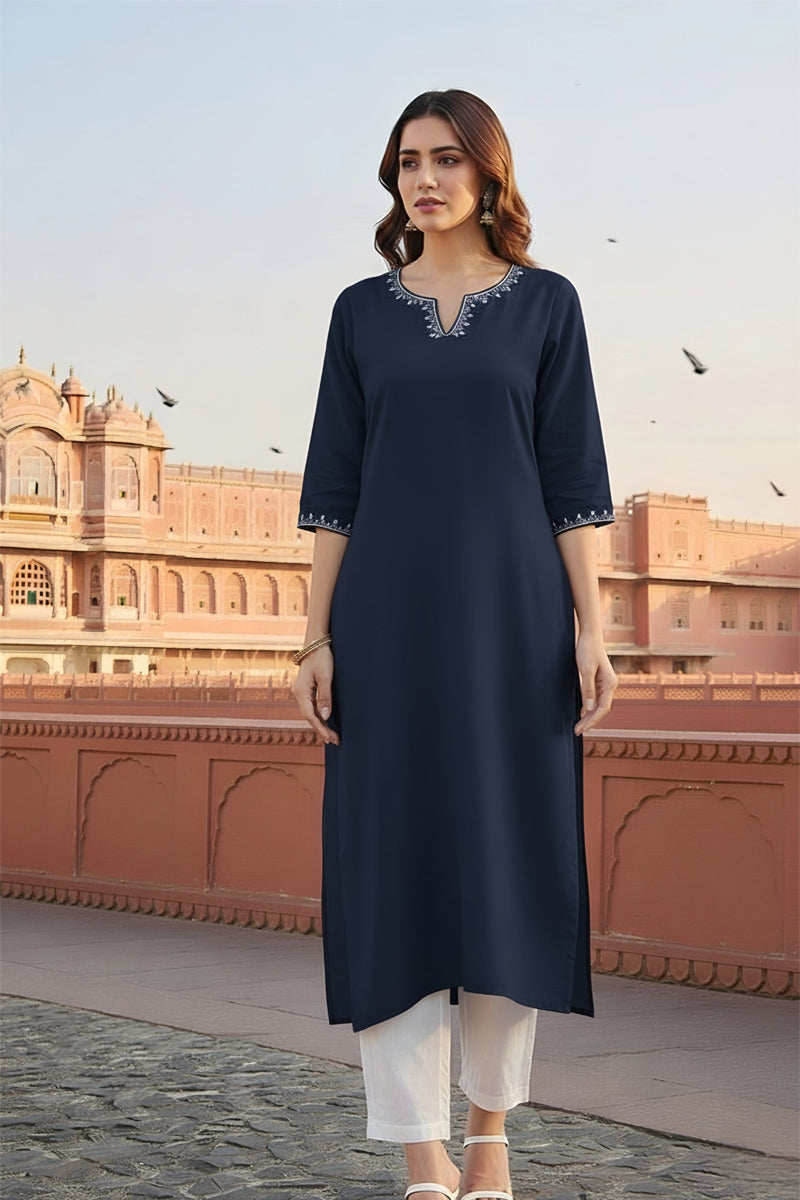 SRS Fashion Blue Embroidered Rayon Straight Kurta Set | Grocsy