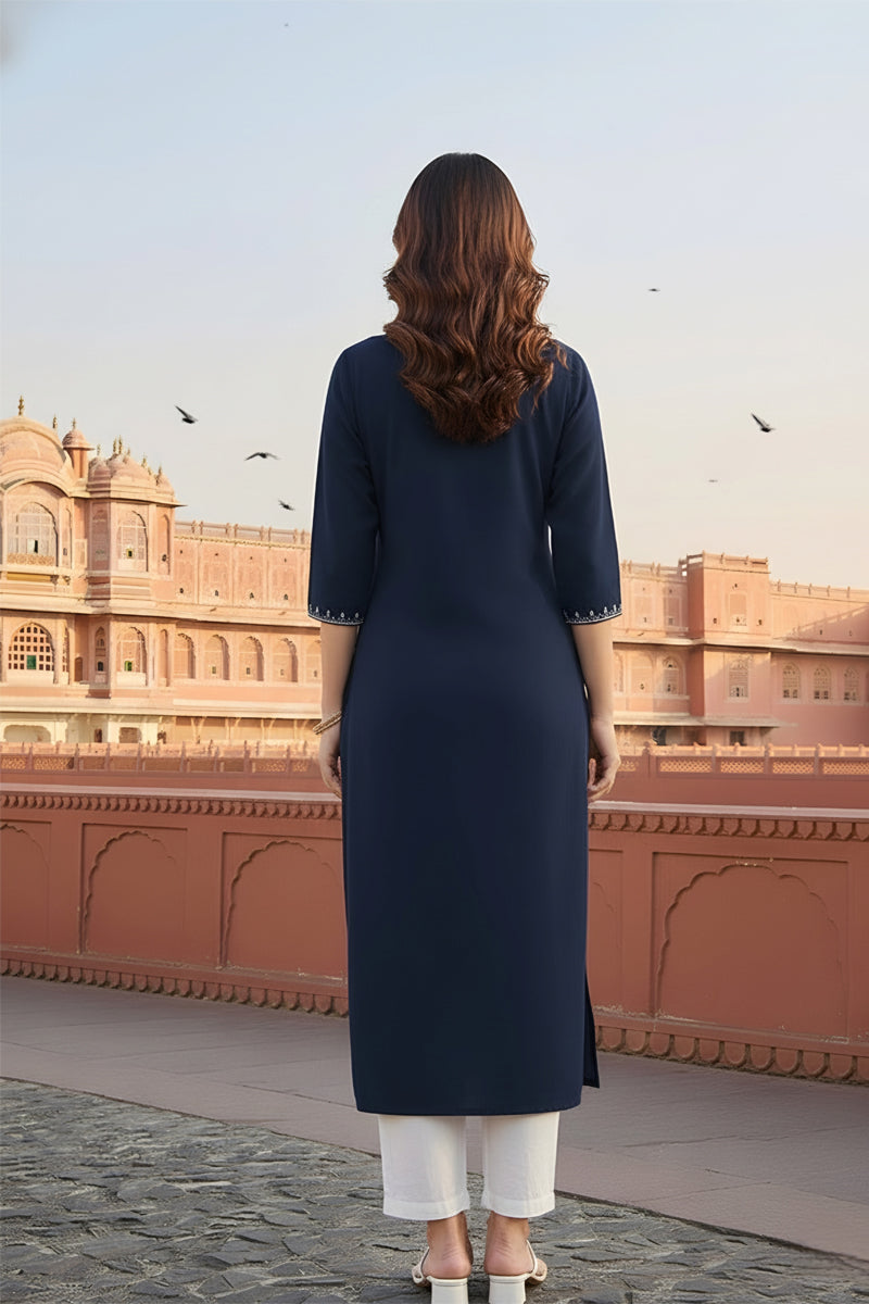 SRS Fashion Blue Embroidered Rayon Straight Kurta Set | Grocsy