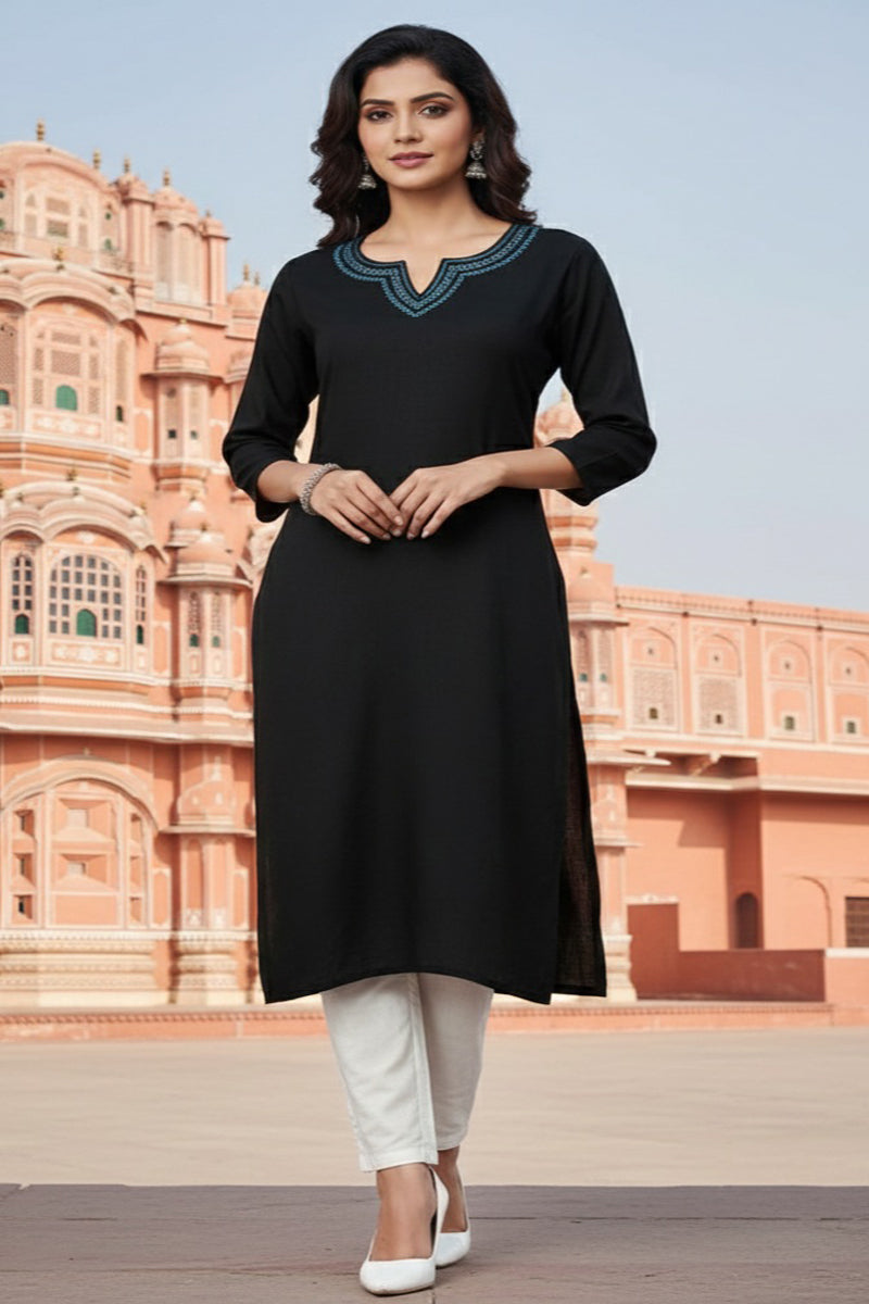 SRS Fashion Black Embroidered Rayon Straight Kurta Set | Grocsy