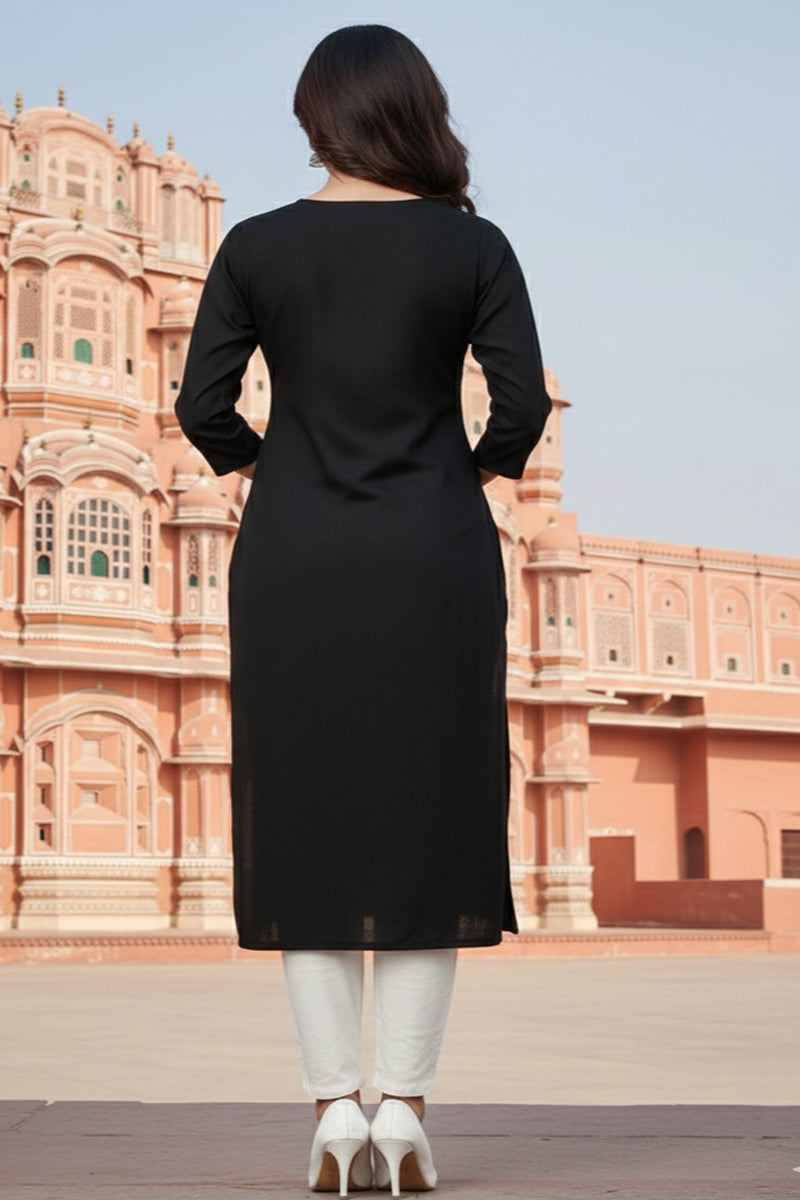 SRS Fashion Black Embroidered Rayon Straight Kurta Set | Grocsy