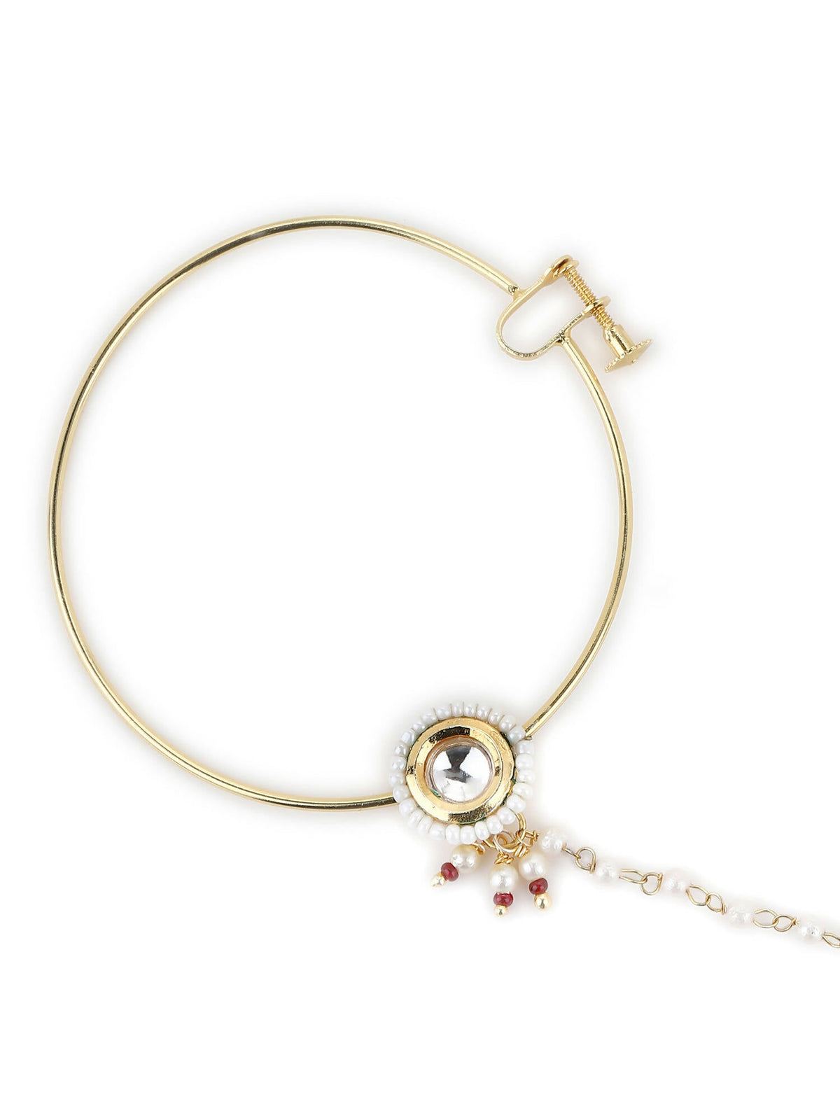 Gold-Polished white kundan nosepin - Ruby Raang | Grocsy