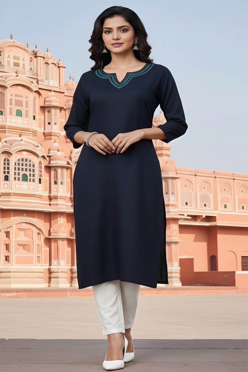 SRS Fashion Blue Embroidered Rayon Straight Kurta Set | Grocsy