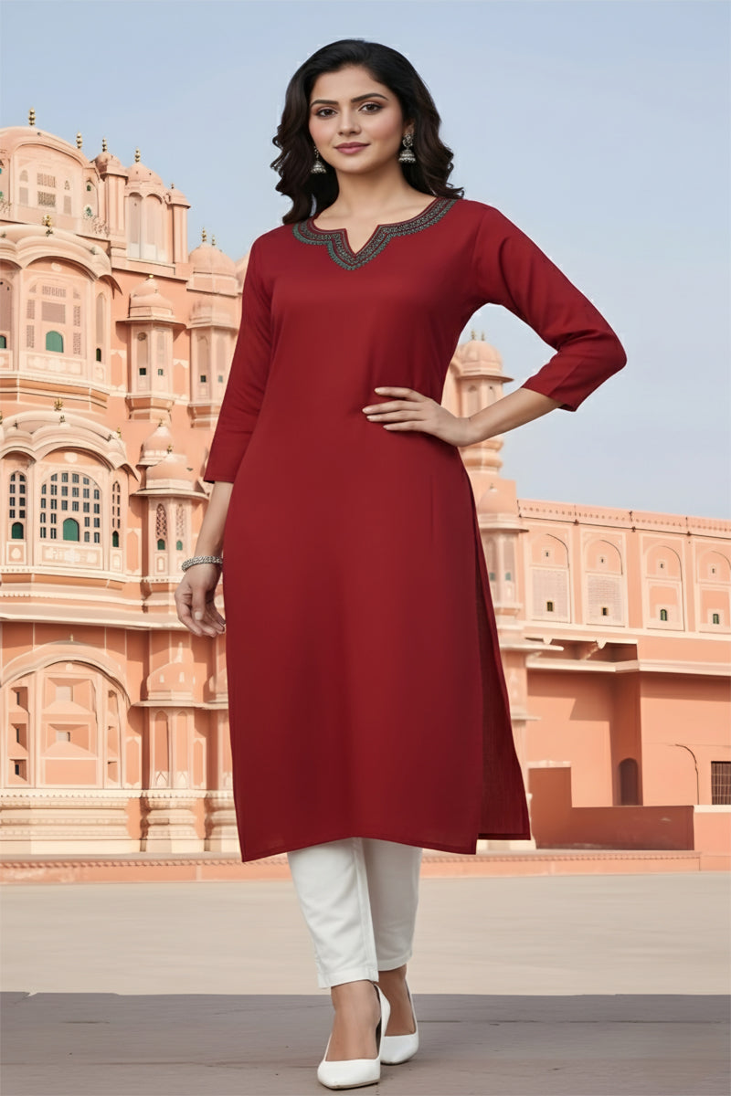 SRS Fashion Red Embroidered Rayon Straight Kurta Set | Grocsy