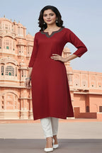 SRS Fashion Red Embroidered Rayon Straight Kurta Set | Grocsy