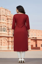 SRS Fashion Red Embroidered Rayon Straight Kurta Set | Grocsy