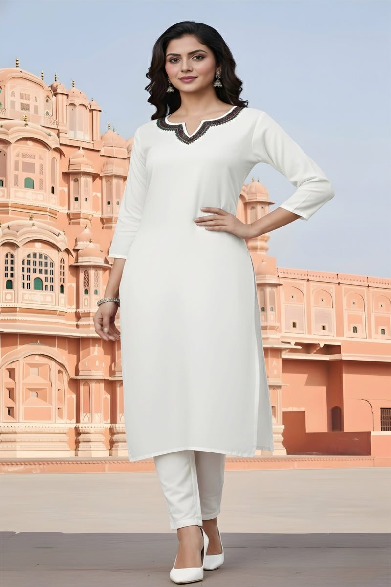 SRS Fashion White Embroidered Rayon Straight Kurta Set | Grocsy