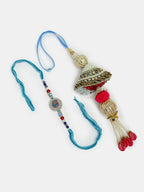 NVR Women & Men Set of 2 Blue Kundan-Studded & Beaded Bhaiya Bhabhi Rakhi With Roli Chawal | Grocsy
