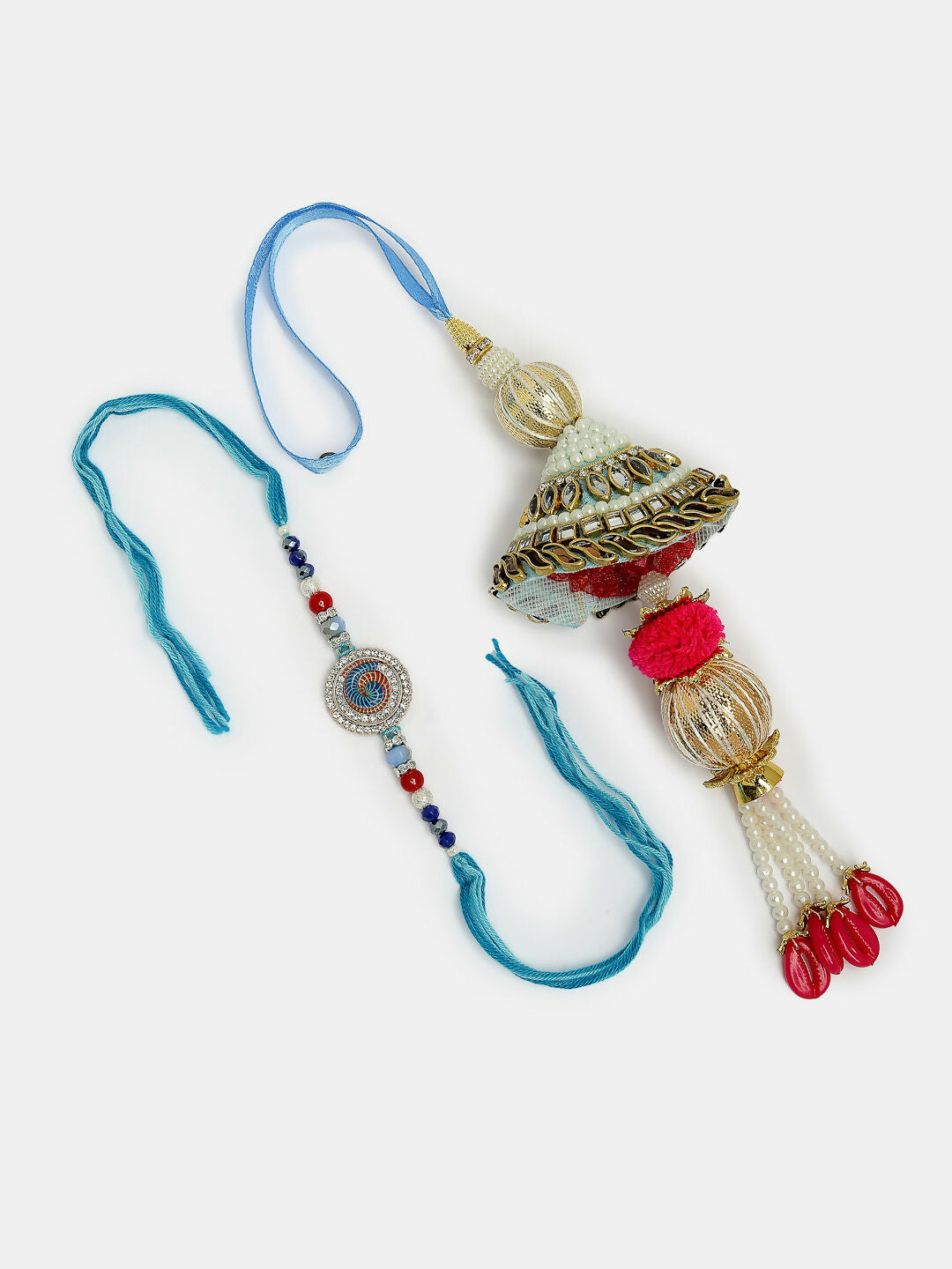 NVR Women & Men Set of 2 Blue Kundan-Studded & Beaded Bhaiya Bhabhi Rakhi With Roli Chawal | Grocsy